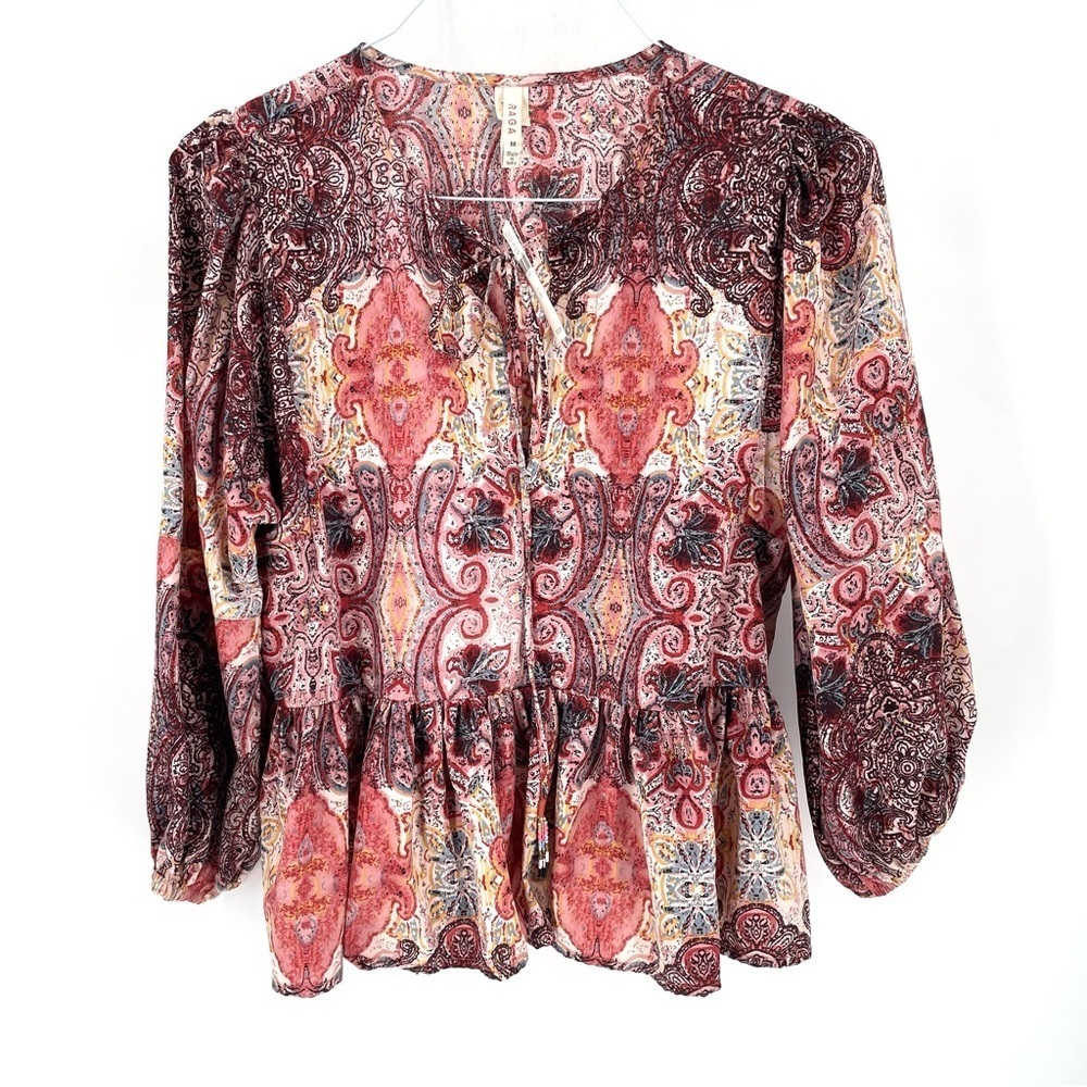 Anthropologie RAGA NWT Evalona Paisley Boho Blouse Peasant Red Bell Sleeve Top - Picture 5 of 9